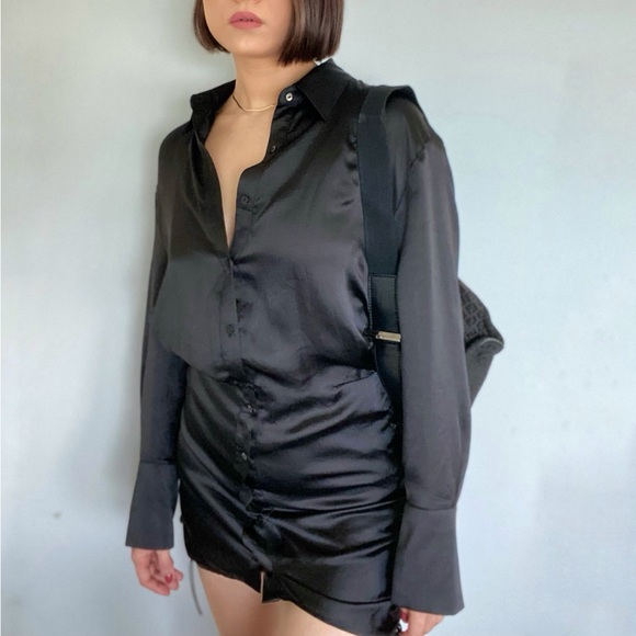 3 for $20 - Zara black long sleeve ruched side satin dress - Picture 1 of 8